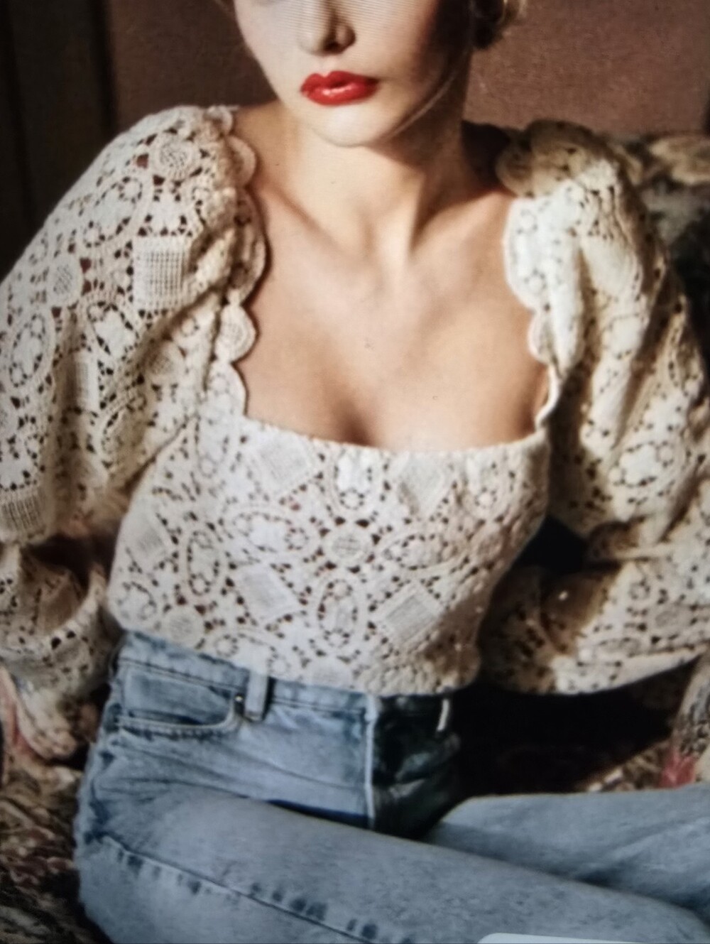 Sézane Alvere Blouse in Ecru Lace Square Neck Top 38 S/ M
